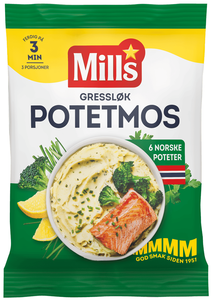 Pose med Mills Potetmos med gressløk