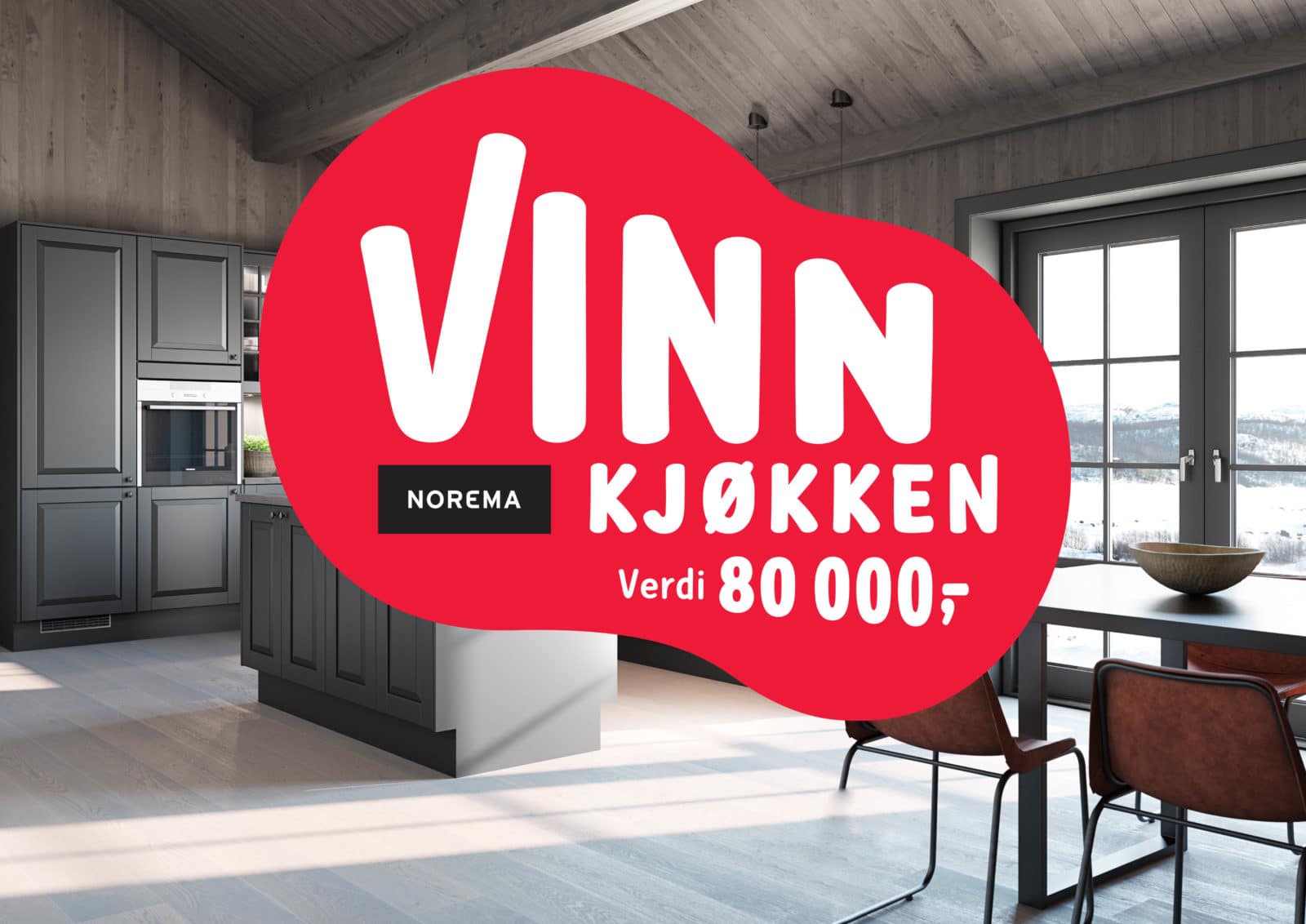 Bilde av kjøkken + tekst: Vinn kjøkken til en verdi av 80 000 kr