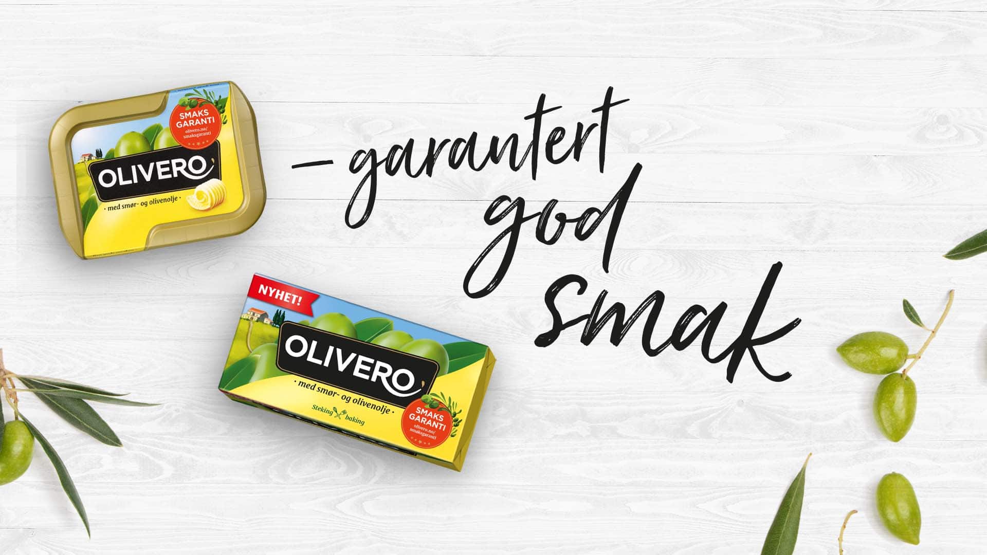 packshots Olivero beger og steke og bake med tekst "garantert god smak""